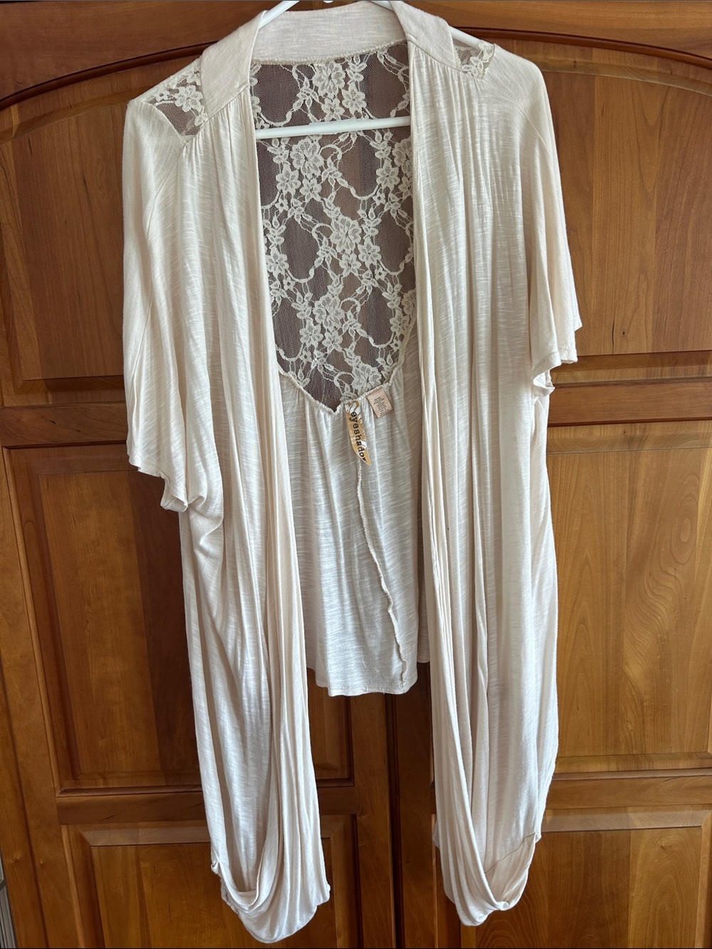 Eyeshadow Brand 2X Cream Lace-Back Draped Robe Style Open Cardigan